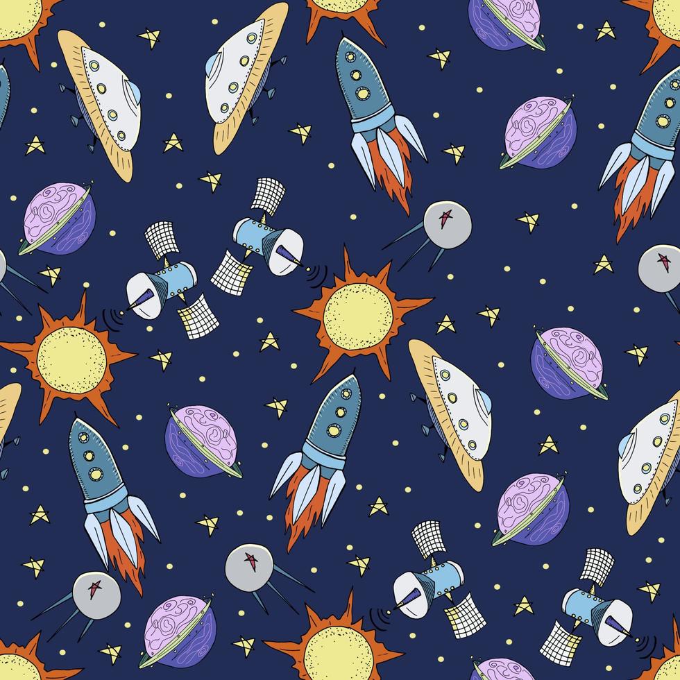 Nursery seamless pattern. Hand drawn  solar system, stars, planets, spaceships, rockets. vector