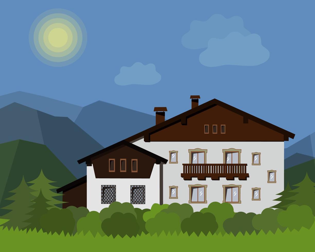 white house with balcony in the mountains vector illustration