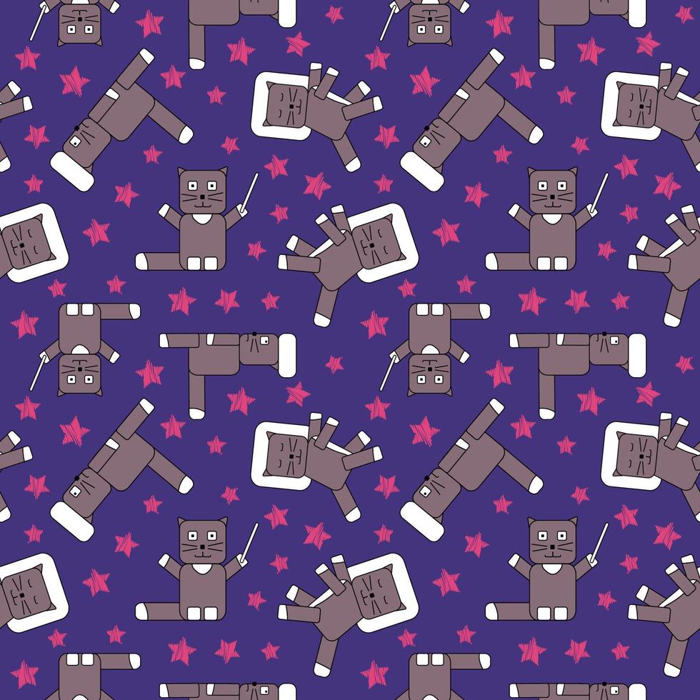 Seamless pattern with cubed cats and satrs, cat with magic wand, cat lies on pillow and sleep, cat hit against the wall. vector