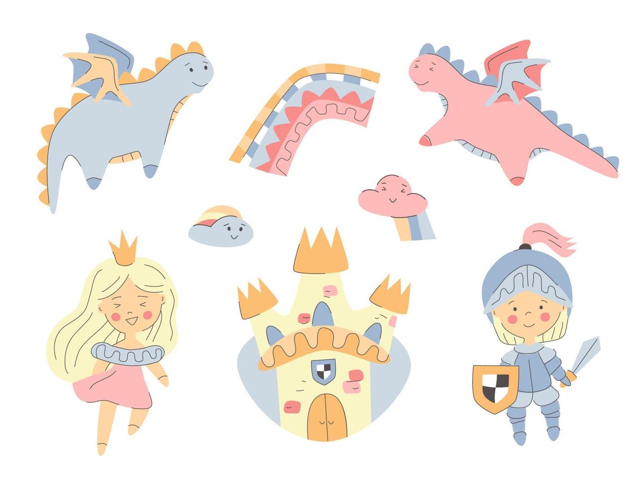 Set of cute fairy tale elements for kids party. birthday, textile, book desigh. Princess, castle, knight, cute dragons, rainbow and clouds, kids style vector illustration