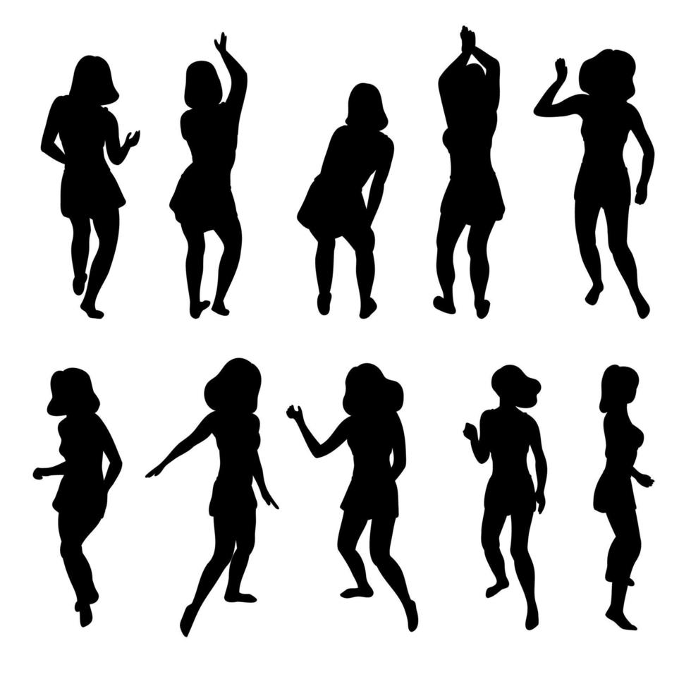 falda corta mujer bailando siluetas negras. conjunto de formas de chicas disco en movimiento. poses abstractas de fiesta. ilustración vectorial para volante, afiche, tarjeta, concepto de vacaciones. vector