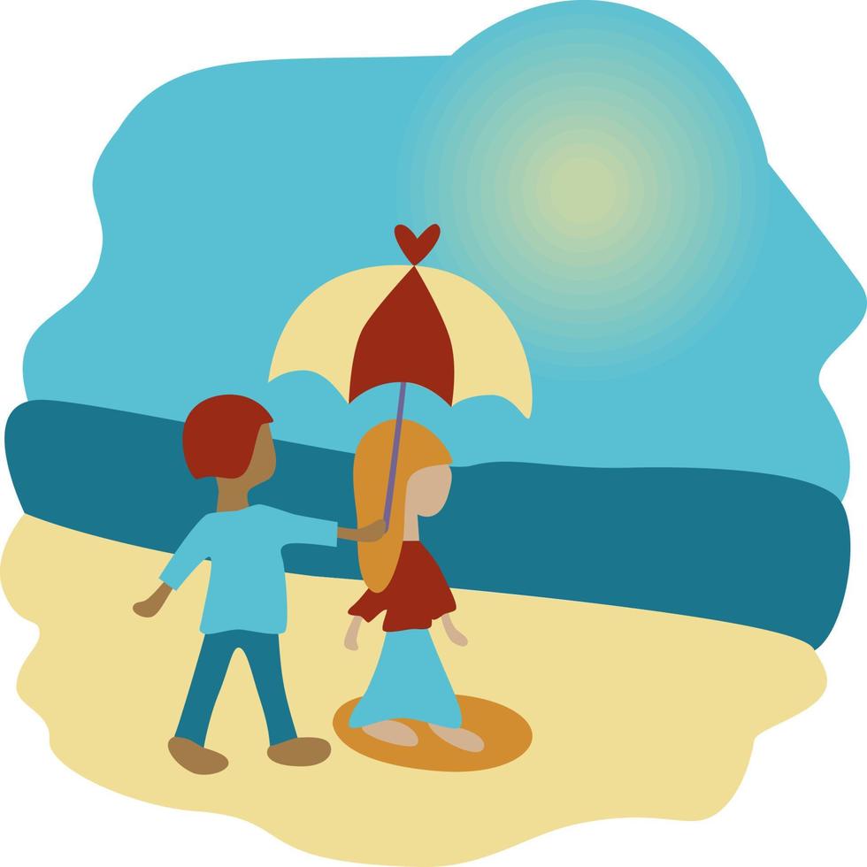 vector illustration, girl walks along the beach on a sunny day, a guy holds a sun umbrella over her, flat simple style