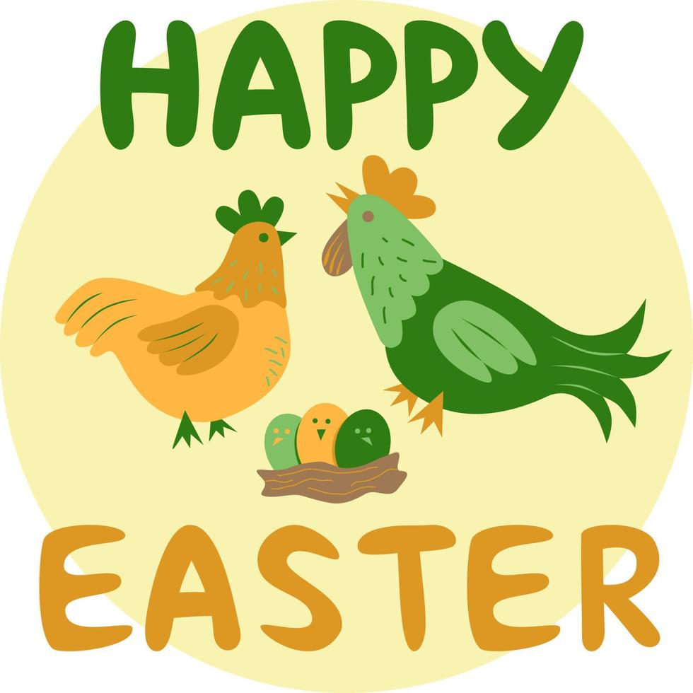 feliz tarjeta de pascua, pollo, gallo y huevos de pascua ilustración vectorial vector