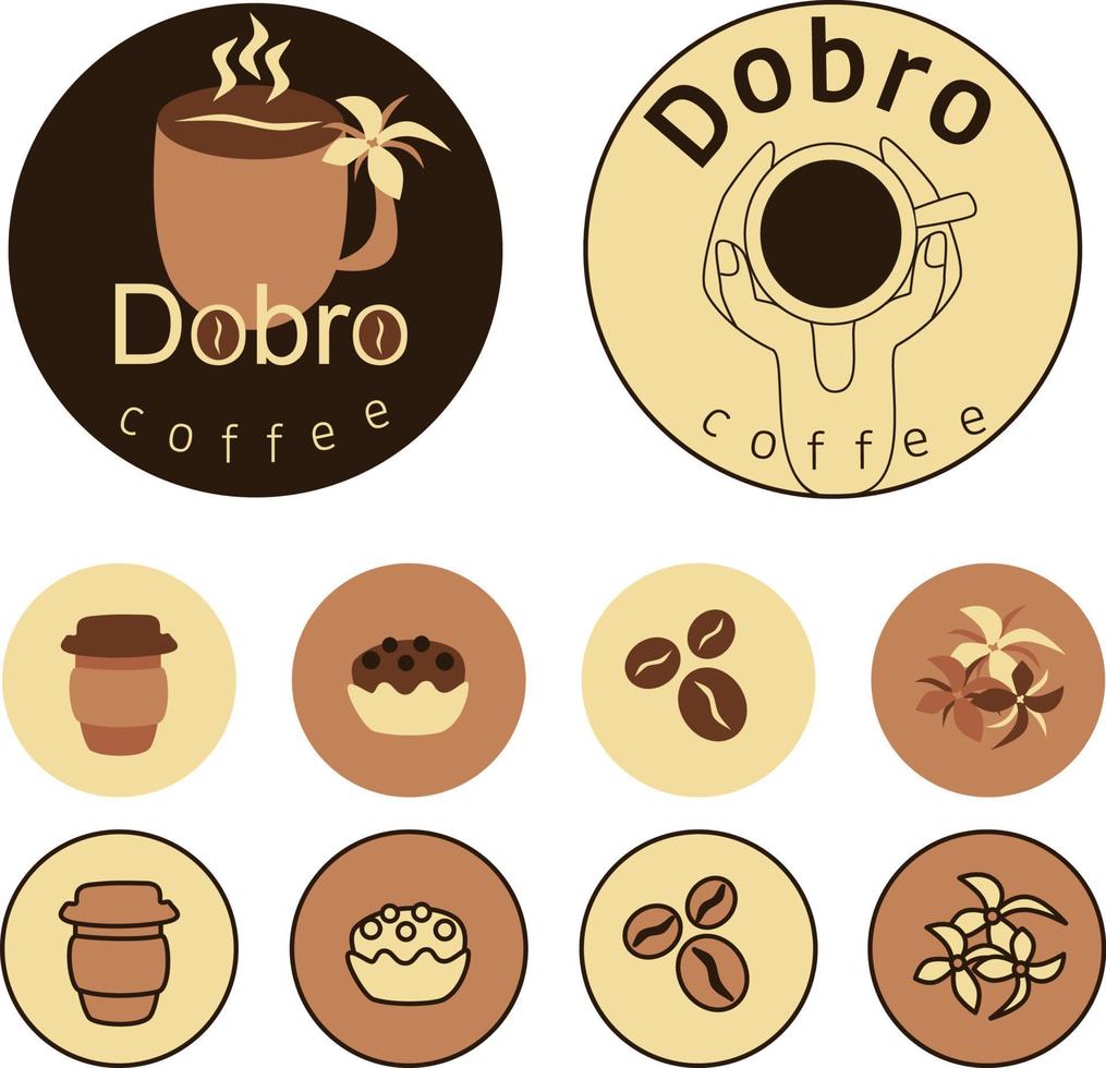 two variants of a coffee shop logo, icons for social media, website on the topic of drinks, cakes vector illustration