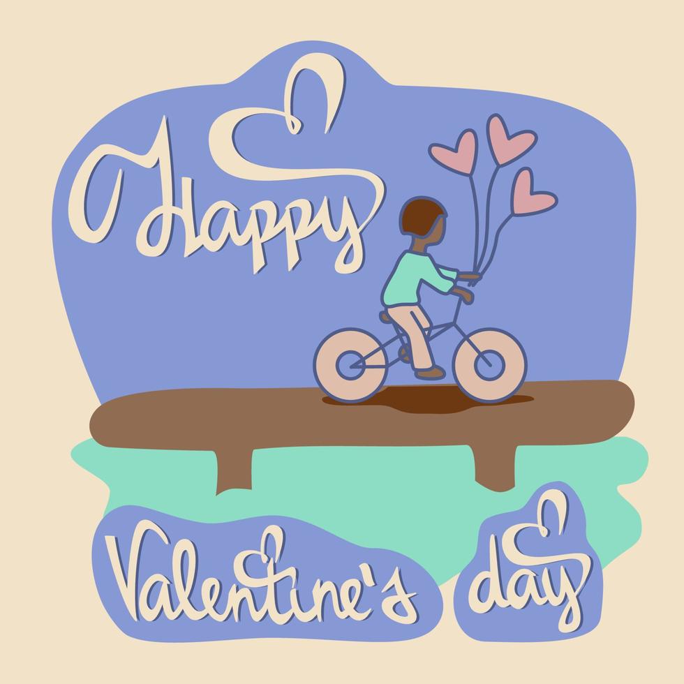 Happy valentines day card, boy on bicycle with heart shape baloons vector