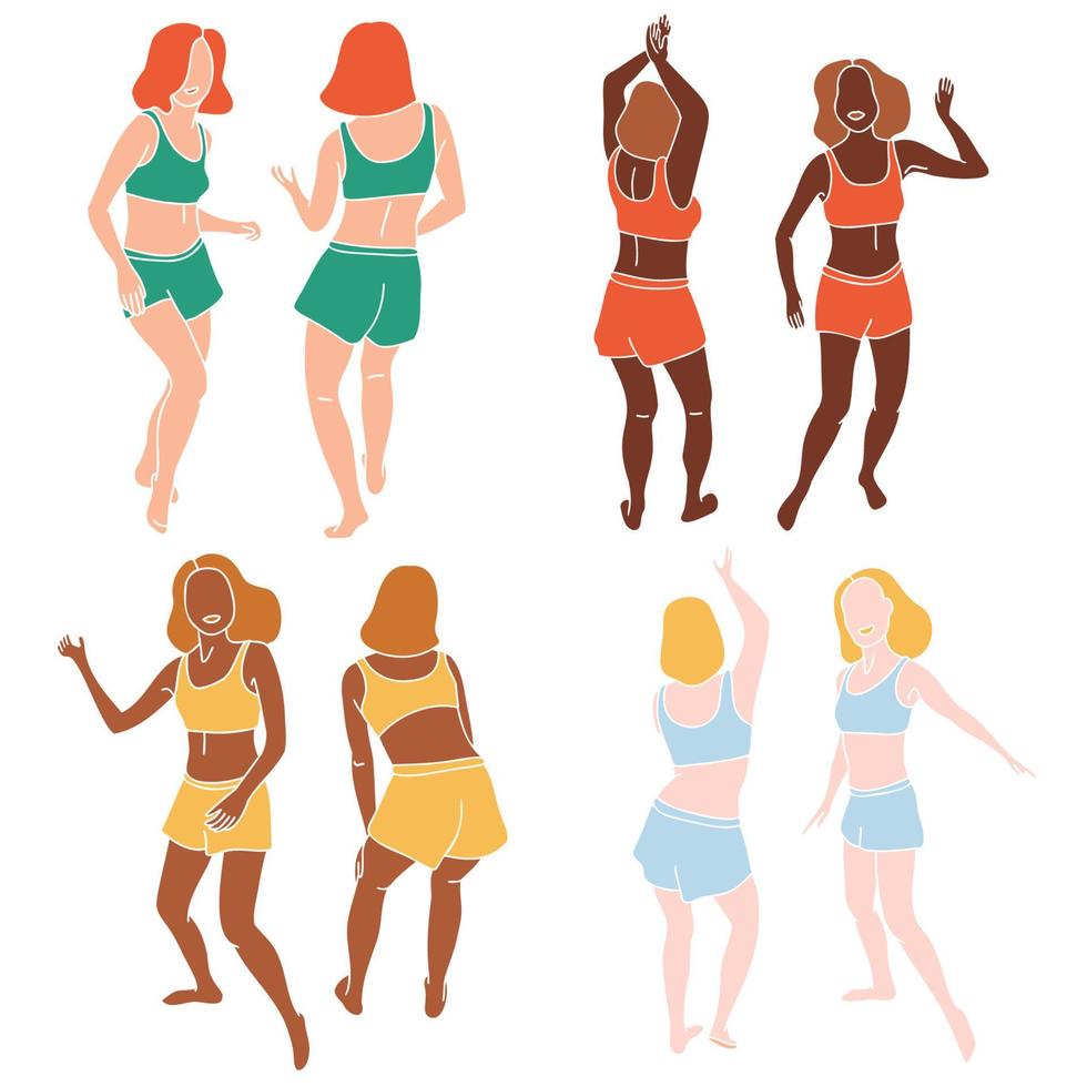 conjunto de chicas disco de color abstracto, siluetas de damas gemelas de pareja delgada sin rostro bailando para volantes, tarjetas, carteles diseño ilustración vectorial vector