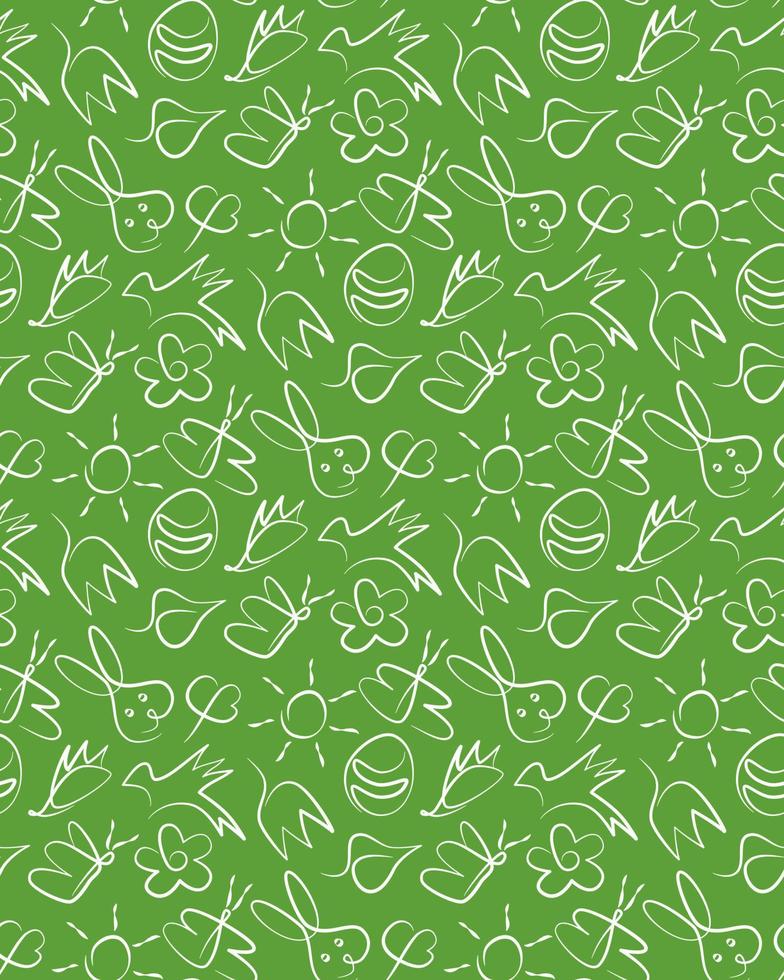 spring pattern with white outline of leaves, flowers, birds, hedgehog, rabbit, eggs, butterflies, sun on a green background vector illustration