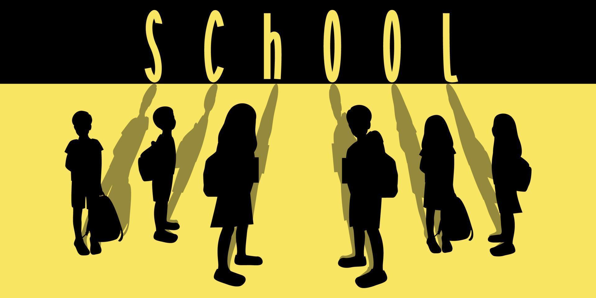 Poster or banner concept of schoolchildren silhouetttes with shadows, pupils with backpacks, background text school black and yellow vector illustration