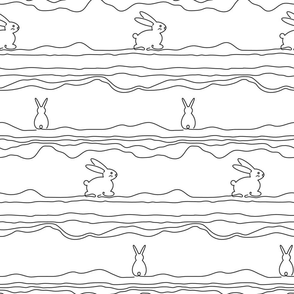Vector seamless pattern. Outline bunny background. Line art illustration.  rabbit single line. Happy Easter. New Year 2023