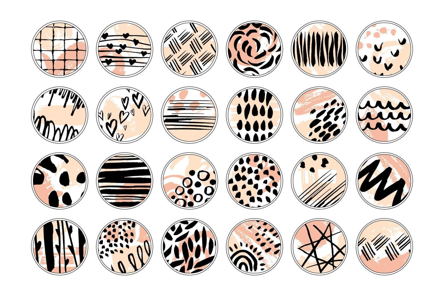 Set of various vector highlight covers. Round icons for social media stories. Abstract circle backgrounds. Various shapes, lines, spots, dots doodle objects. Hand drawn templates.