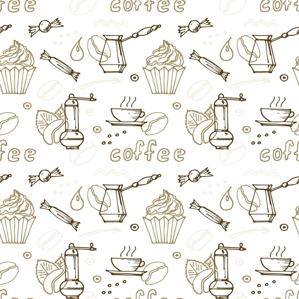 hand drawn coffee doodles drinks, desserts, beans and other related objects. Vector seamless pattern