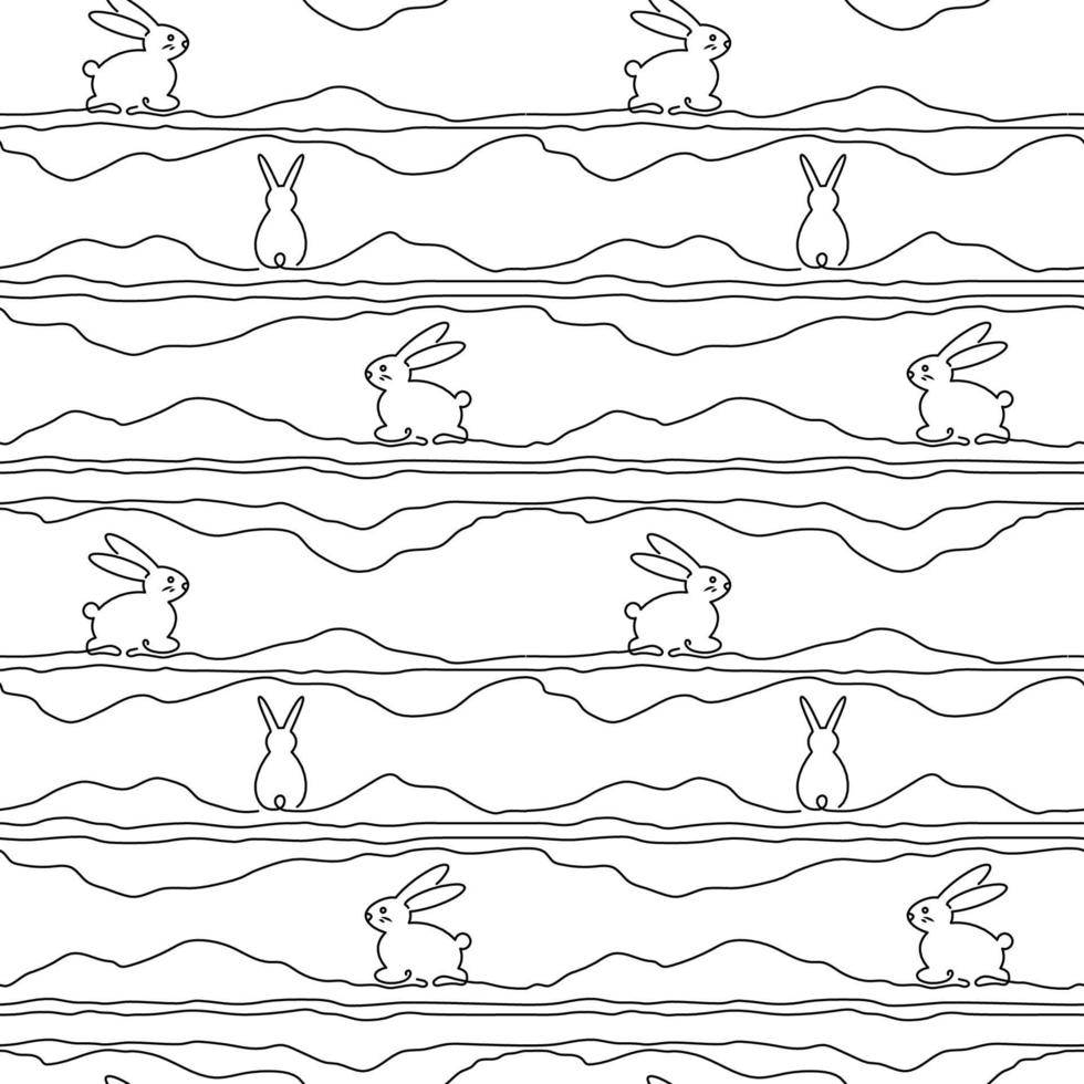 Vector seamless pattern. Outline bunny background. Line art illustration.  rabbit single line. Happy Easter. New Year 2023