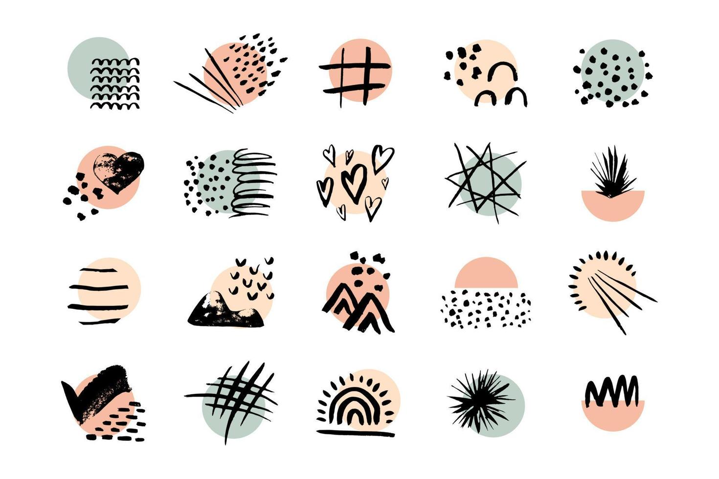 Set of various vector highlight covers. Abstract backgrounds. Various shapes, lines, spots, dots, leaves, floral, doodle objects. Hand drawn templates. Round icons for social media stories.