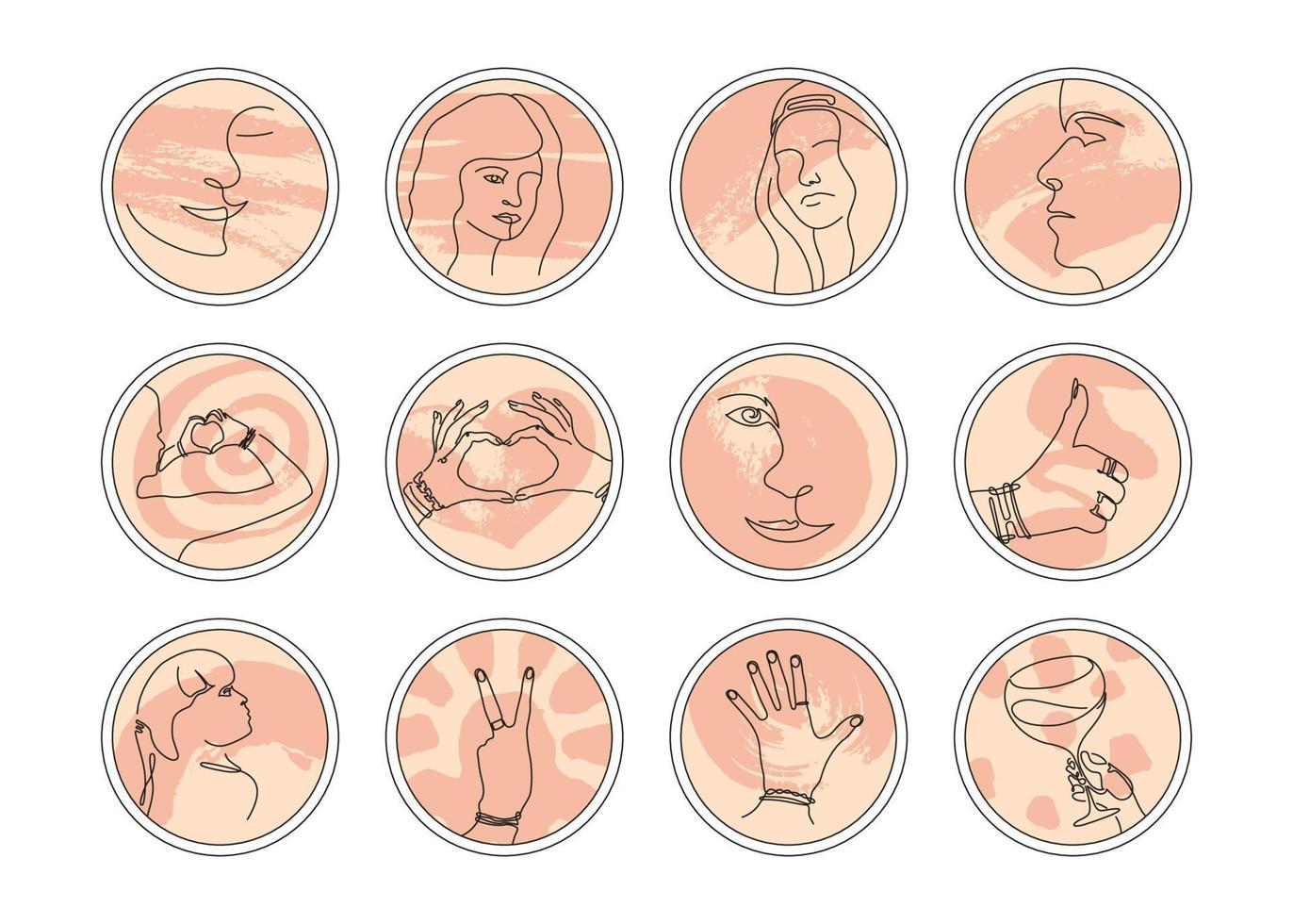 Set of various vector highlight covers with womens face and hands. Beautiful round icons for social media stories. Hand drawn templates. Abstract backgrounds.