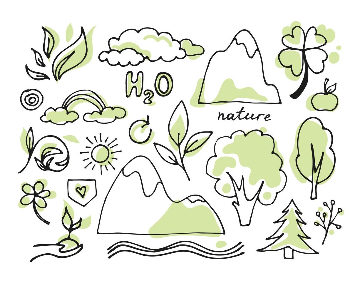 Zero waste lifestyle hand drawn set. vector doodle illustration. Collection of eco and natural elements. Go green concept. Isolated objects