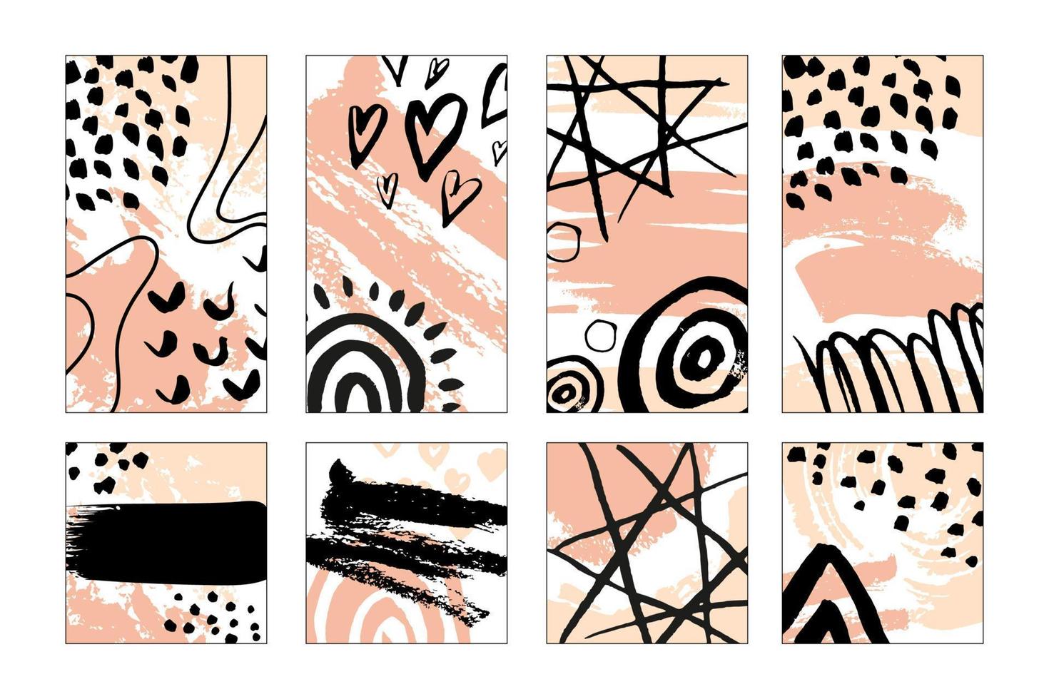 Icons for social media stories. Hand drawn templates. Vector Abstract backgrounds. Set of various covers. Various shapes, lines, spots, dots doodle objects.
