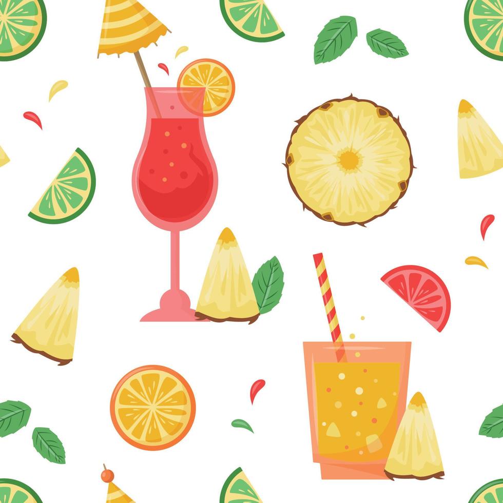 patrón vectorial sin costuras con cócteles de verano, jugos y frutas vector