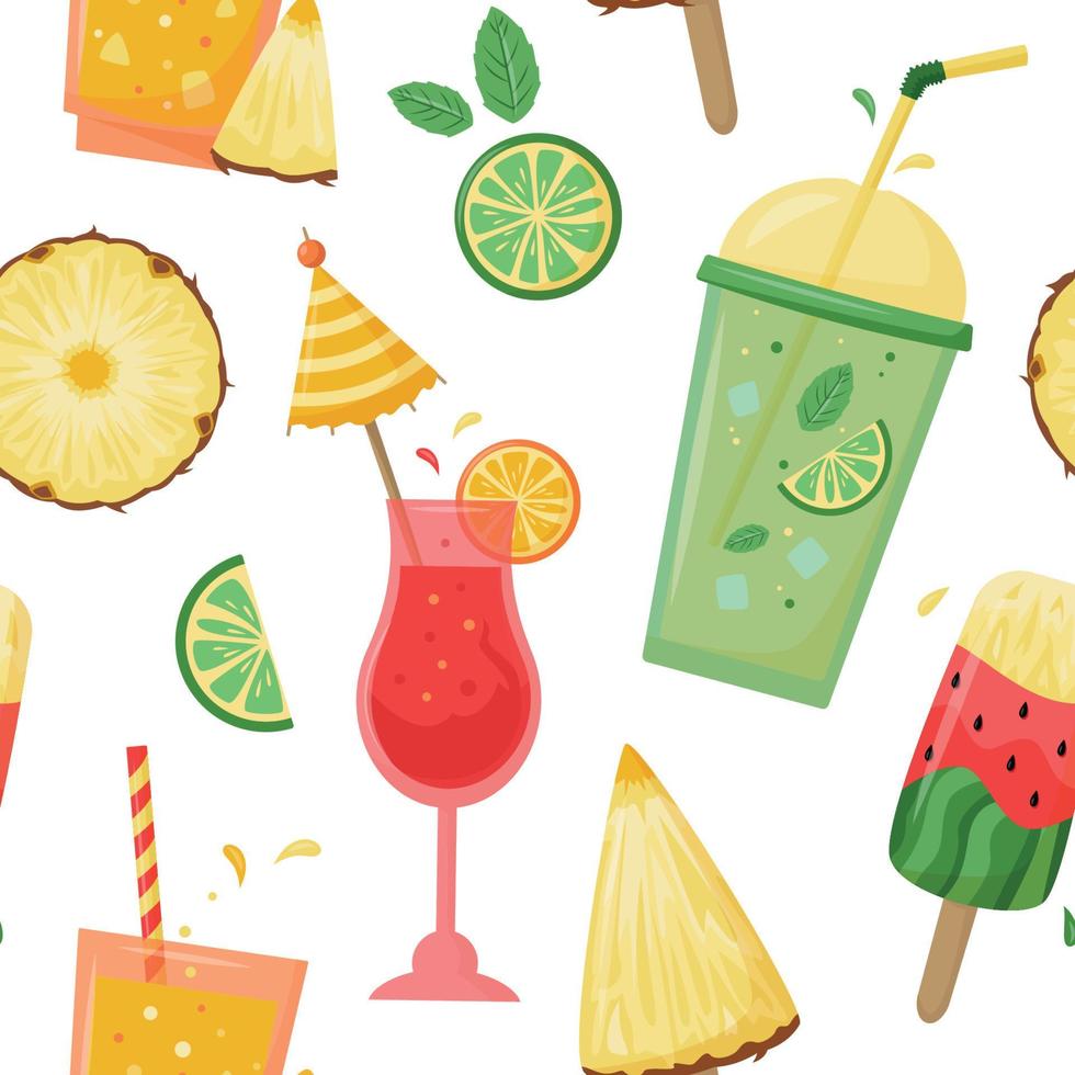 Vector Seamless Pattern with Summer Cocktails, Ice cream and Fruits