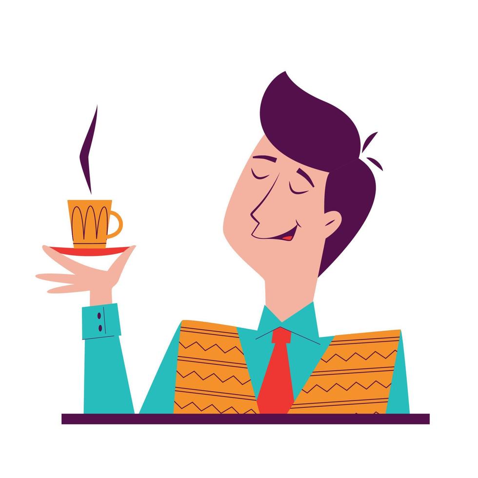 Mid-century Man Holding a Cup of Tea or Coffee and Cheering up vector