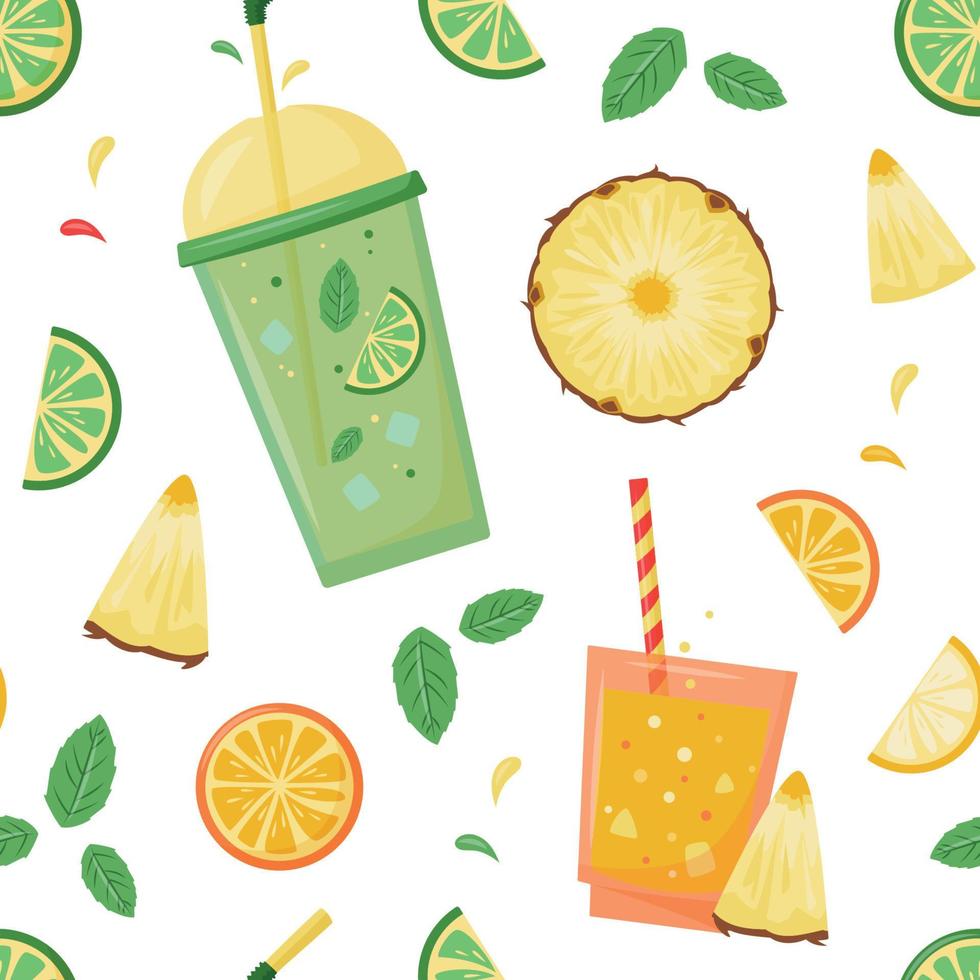 patrón vectorial sin costuras con cócteles de verano, jugos y frutas vector