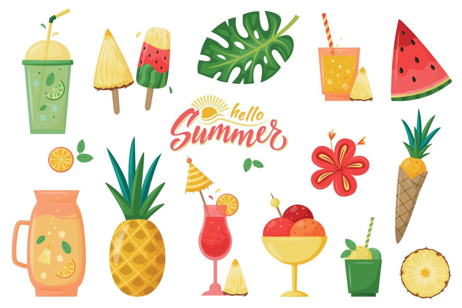 gran conjunto de elementos de verano: frutas, bebidas, helados, hojas vector