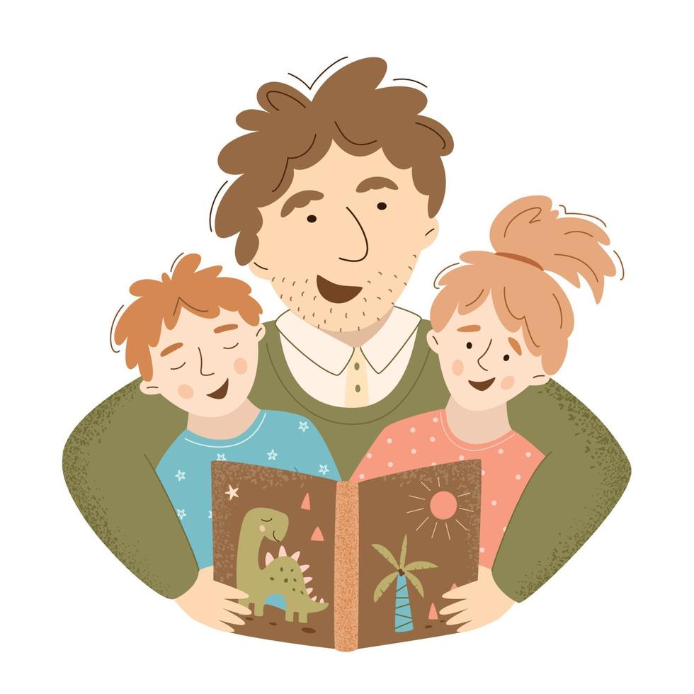 el padre lee a los niños un libro antes de acostarse. vector