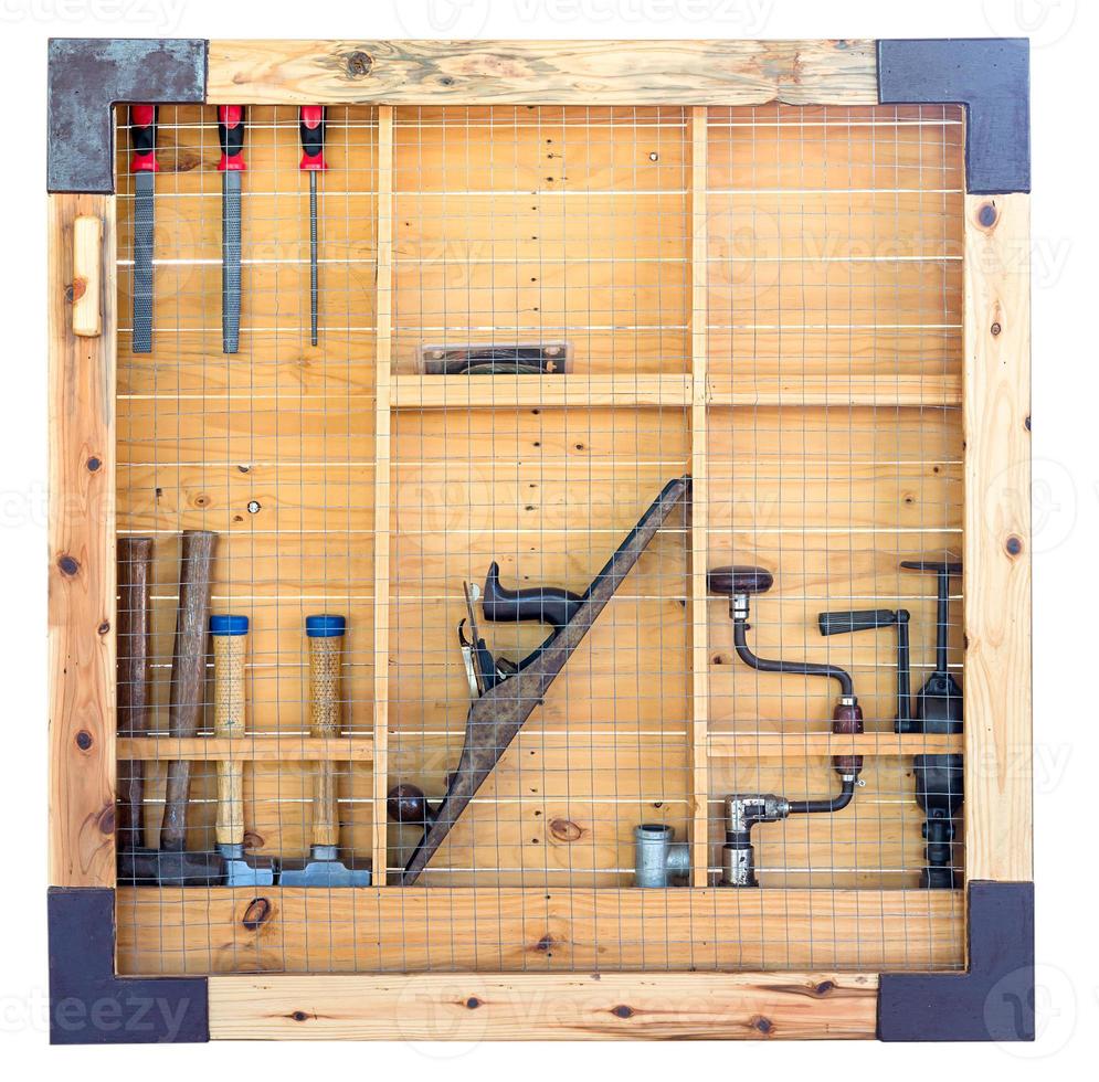 Tool shelf against a wall isolate on white photo