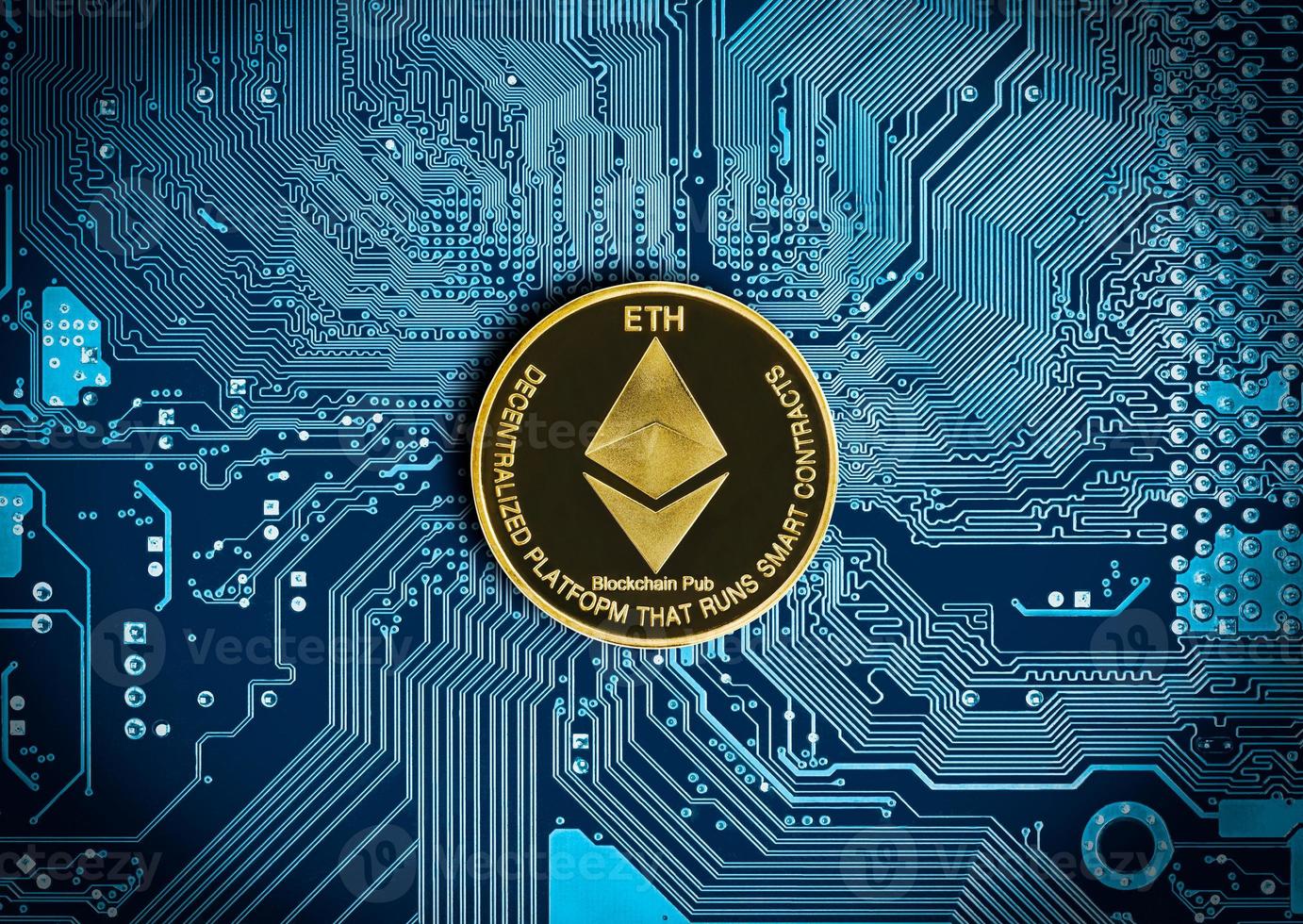 Ethereum coin on blue circuit digital background photo