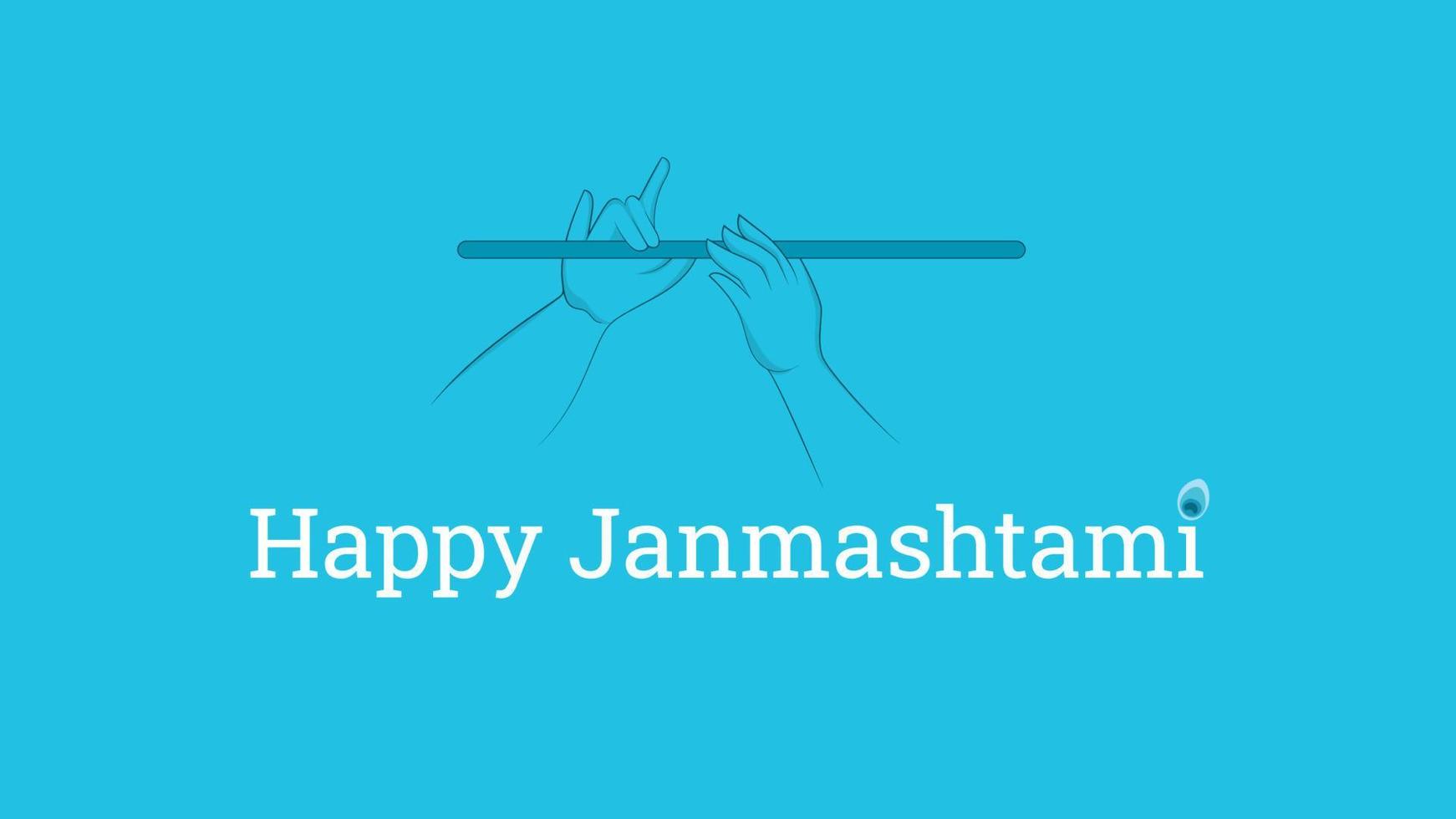 flute in hand on flat blue background. Happy Janmashtami vector illustration.