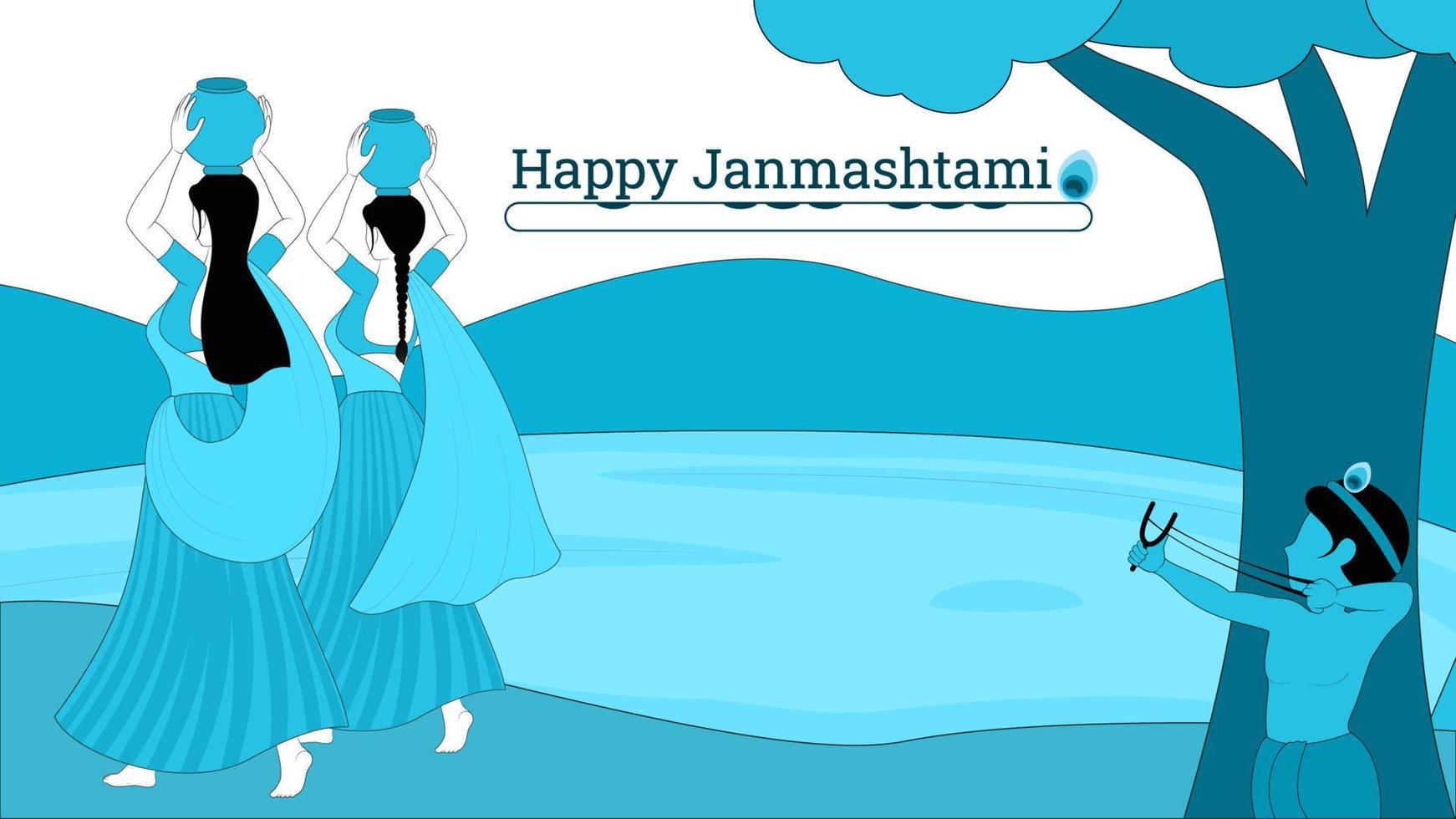 Bal Krishna with Gulel and Gopi with matki flat vector illustration, Happy Janmashtami vector illustration.