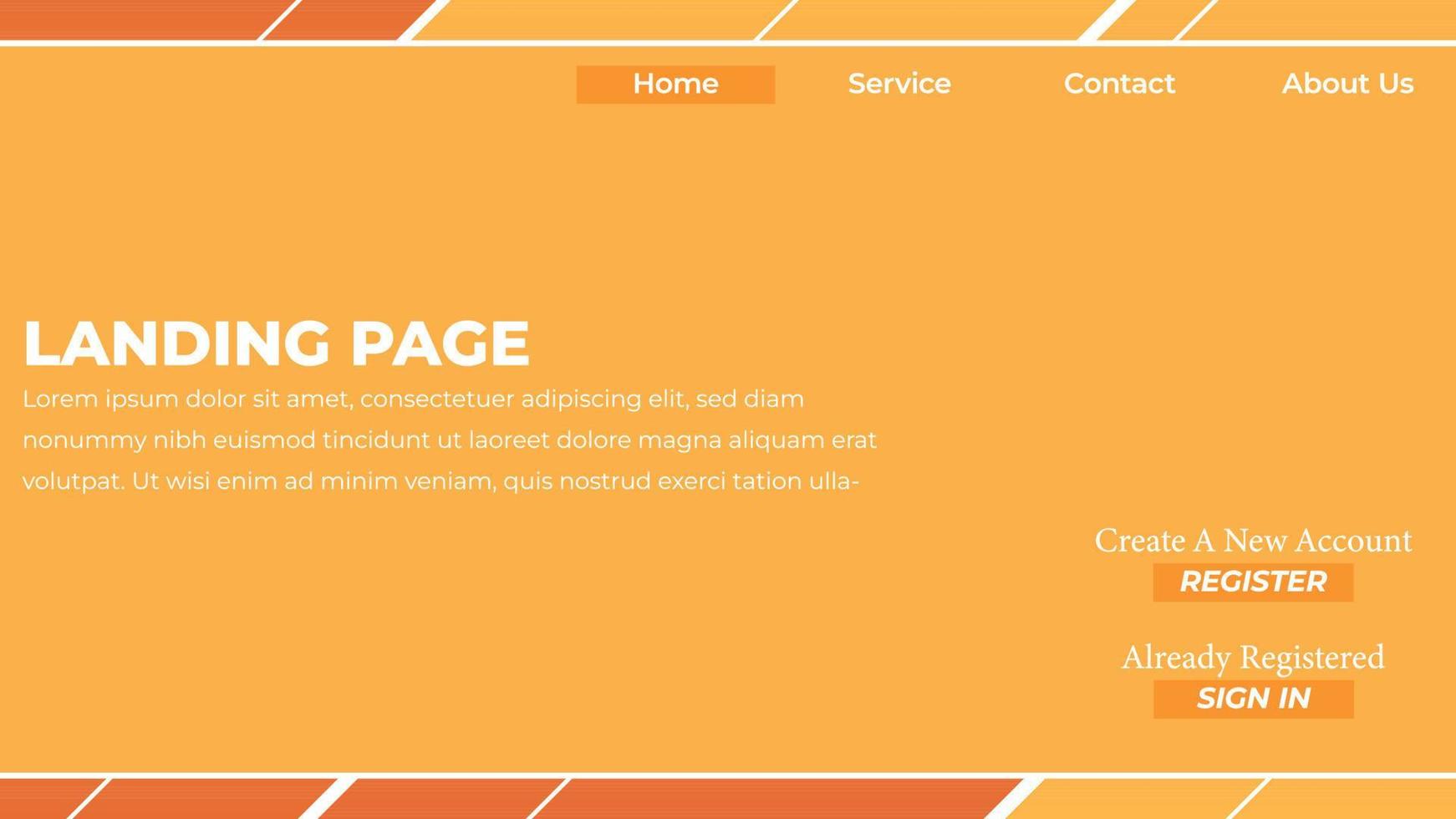 Landing Page template created with orange background with diagonal white lines. vector
