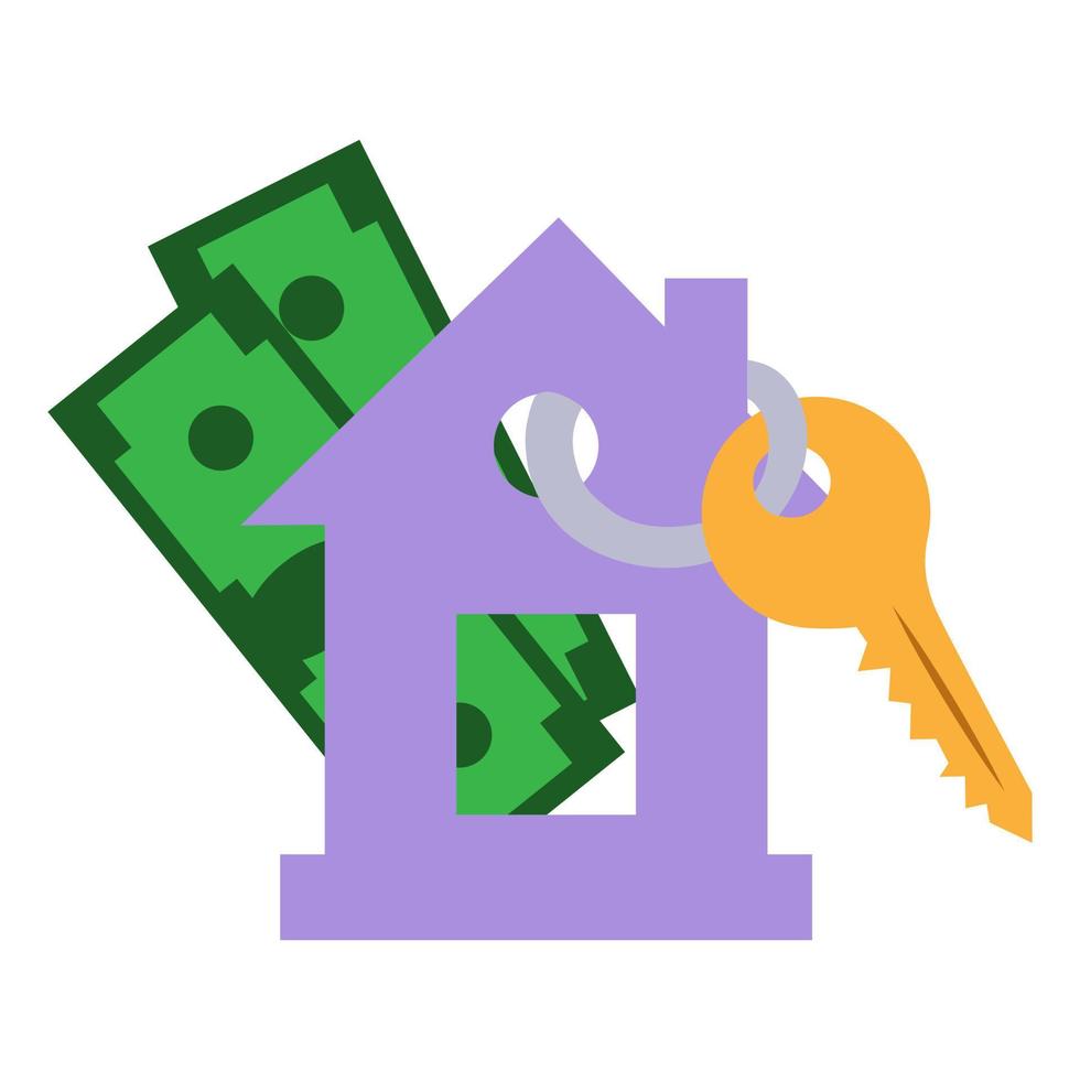The keychain icon is a house with keys on a background of money, a flat color illustration. Vector