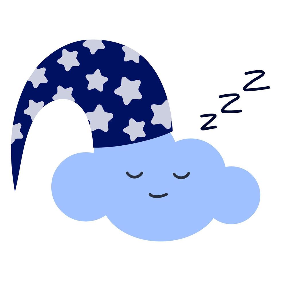 A sleeping cloud in a sleeping hat. Cartoon character. Lullaby theme. Vector illustration.