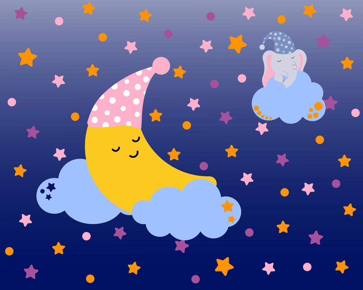 la luna dulce y el elefante bebé están durmiendo en las nubes. personaje de dibujos animados para invitación, impresión y tarjeta de felicitación. tema de la canción de cuna. fondo infantil con luna, estrellas, nubes. ilustración vectorial vector