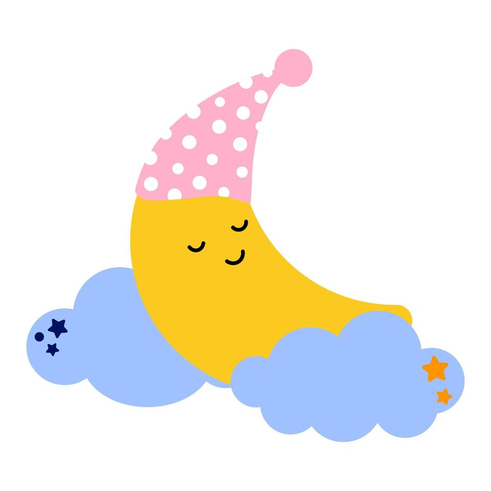 Cartoon moon sleeps in the clouds in a sleep cap. Good night, lullaby theme. Vector isolated on a white background.