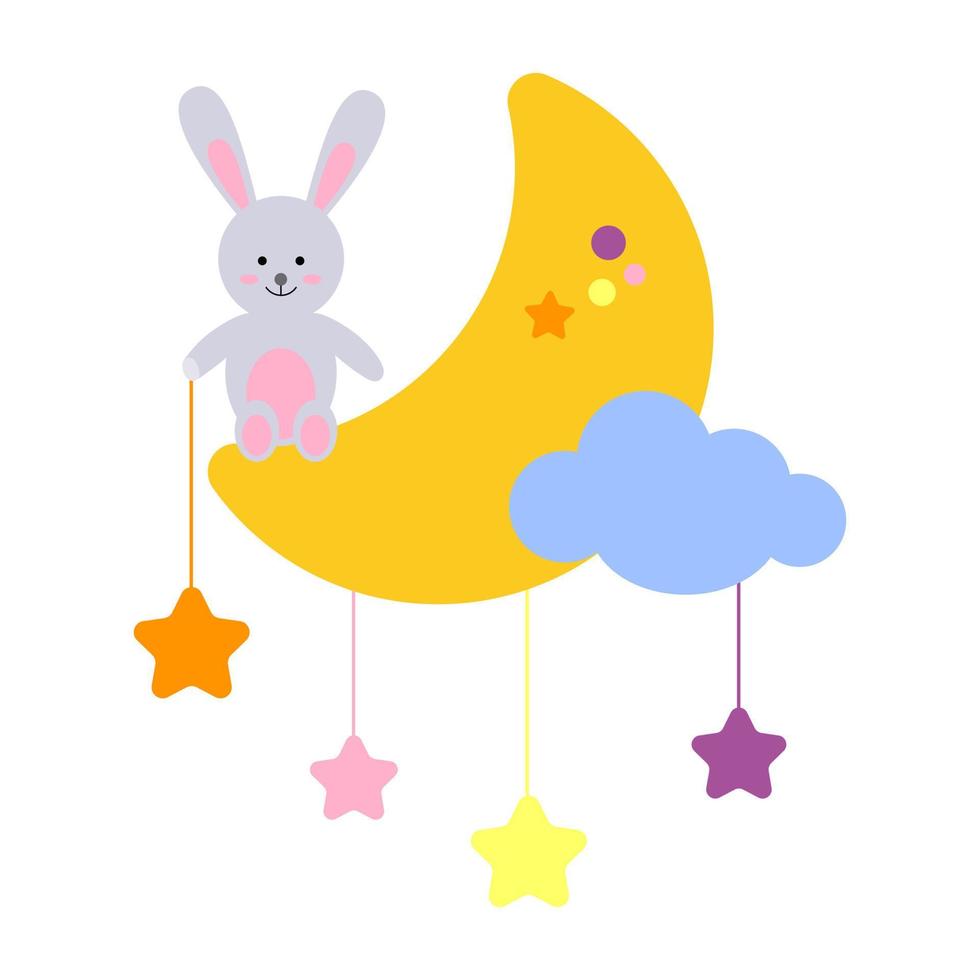 A cartoon hare sits on a yellow moon and holds a star. Good night, lullaby theme. Vector isolated on a white background