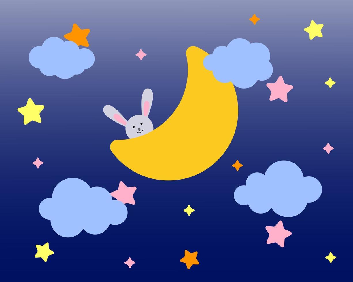 una linda liebre está sentada en una luna creciente. personaje de dibujos animados para invitación, póster, impresión y tarjeta de felicitación. fondo infantil con luna, estrellas, nubes. ilustración vectorial vector