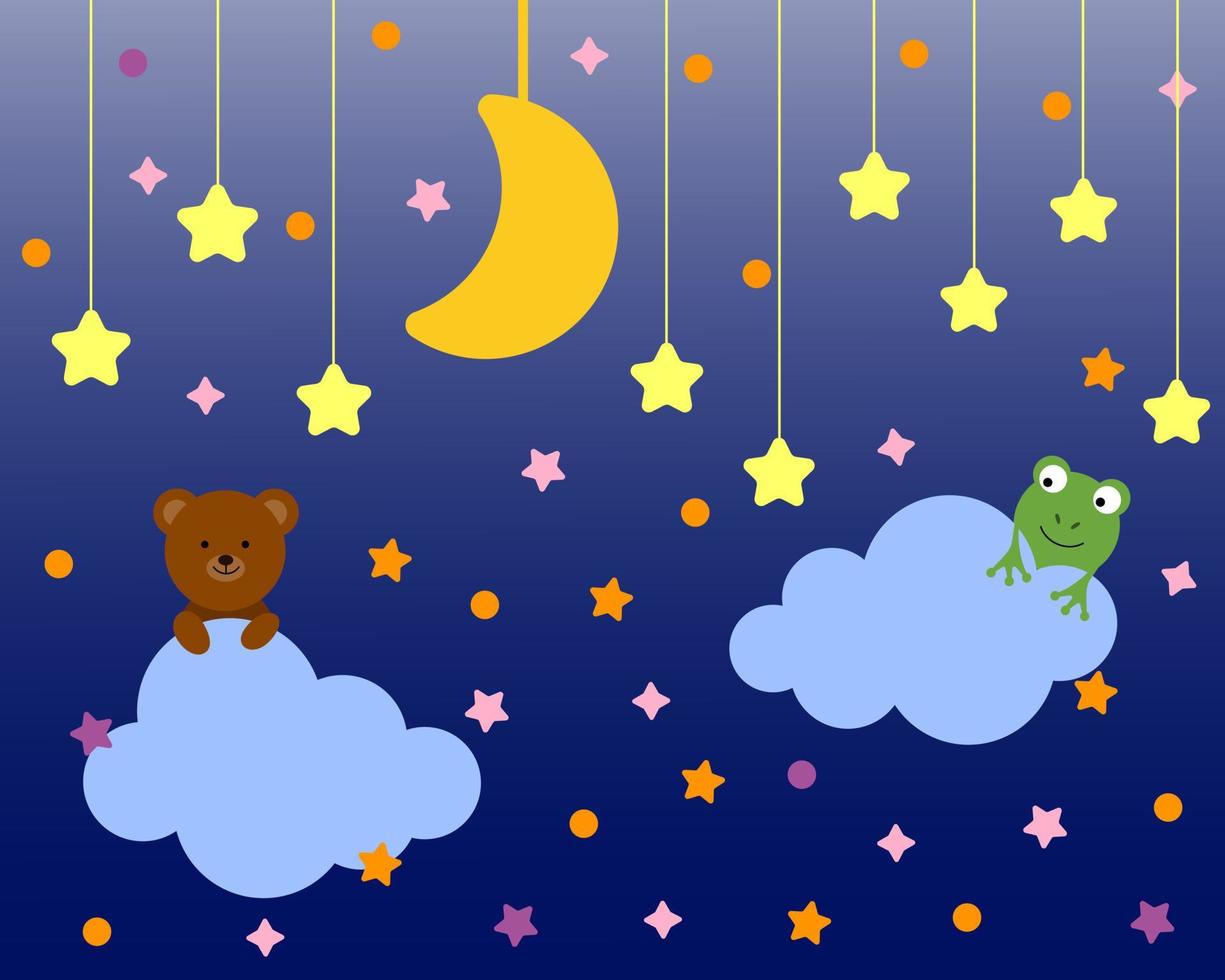 lindo oso y rana sentados en una nube. personaje de dibujos animados para invitación, póster, impresión y tarjeta de felicitación. fondo infantil con luna, estrellas, nubes. ilustración vectorial vector