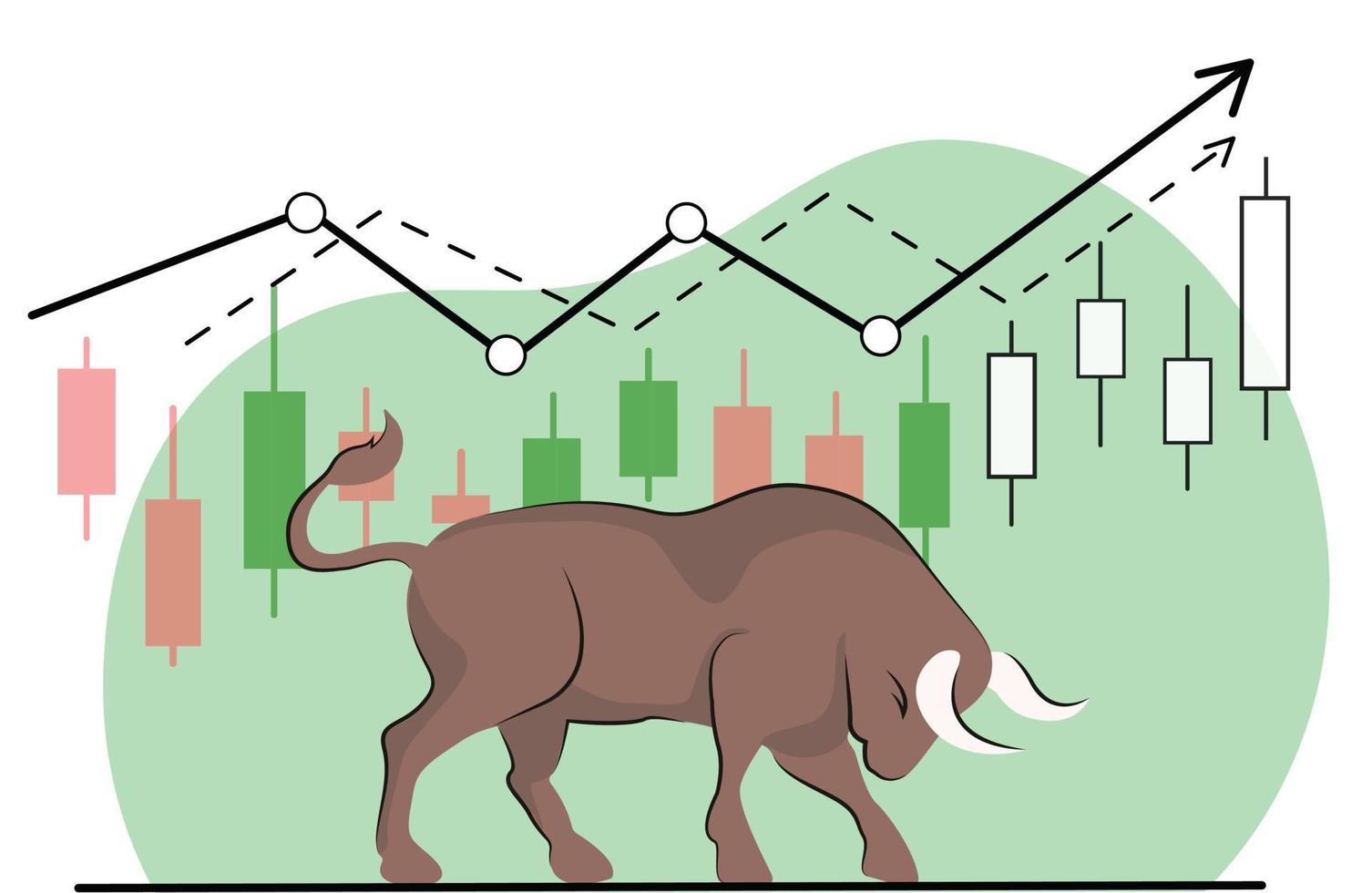 bull market means rapid growth, is rooted in the minds of people and is actively used among the crypto community. bull symbol and a graph of the rapid growth of the crypto currency. vector flat
