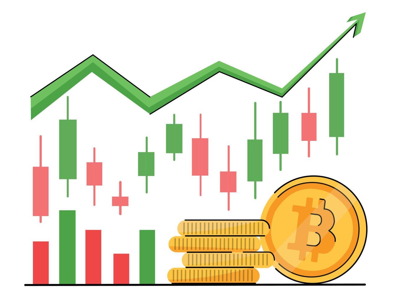 tendencias de crecimiento de bitcoin y criptomonedas. ola alcista en el mercado de criptomonedas. aumento del precio de bitcoin, mercado alcista. una buena tendencia de crecimiento criptográfico. flecha verde y moneda. vector aislado en blanco