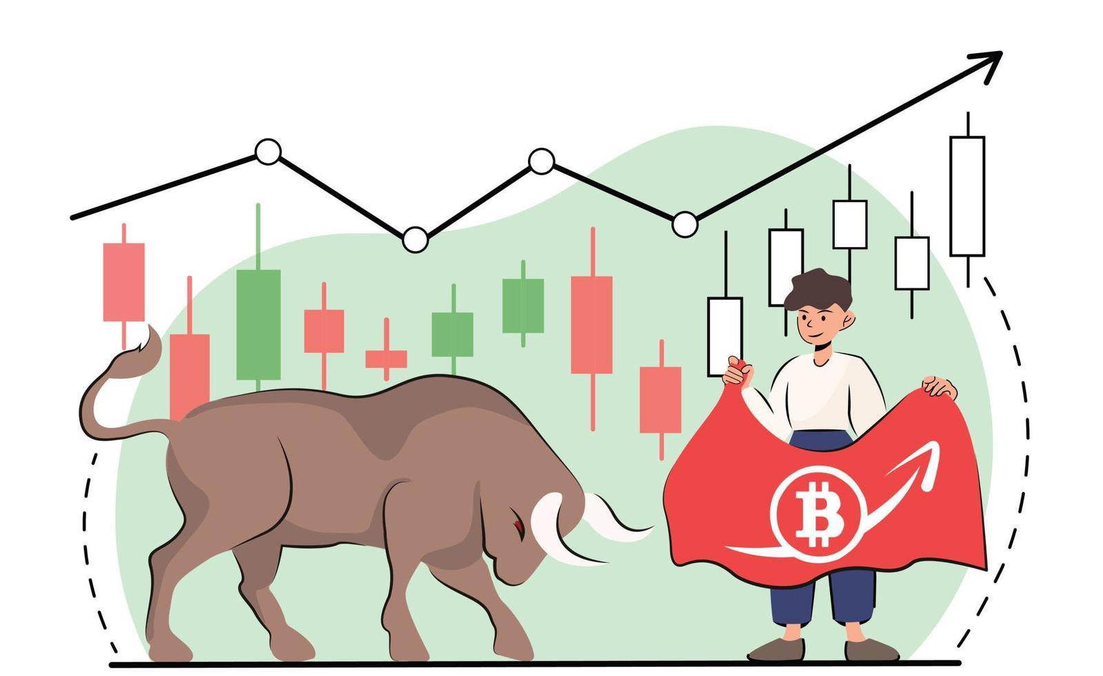 Drawing attention to a bull market is always relevant, during the growth. the bull preparing to break through the channel in the crypto-volume, mark the growth of the entir market. vector stock flat