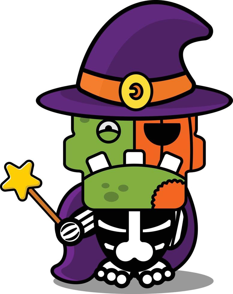 personaje de dibujos animados disfraz vector ilustración calabaza zombie mascota con sombrero de mago y sosteniendo varita mágica