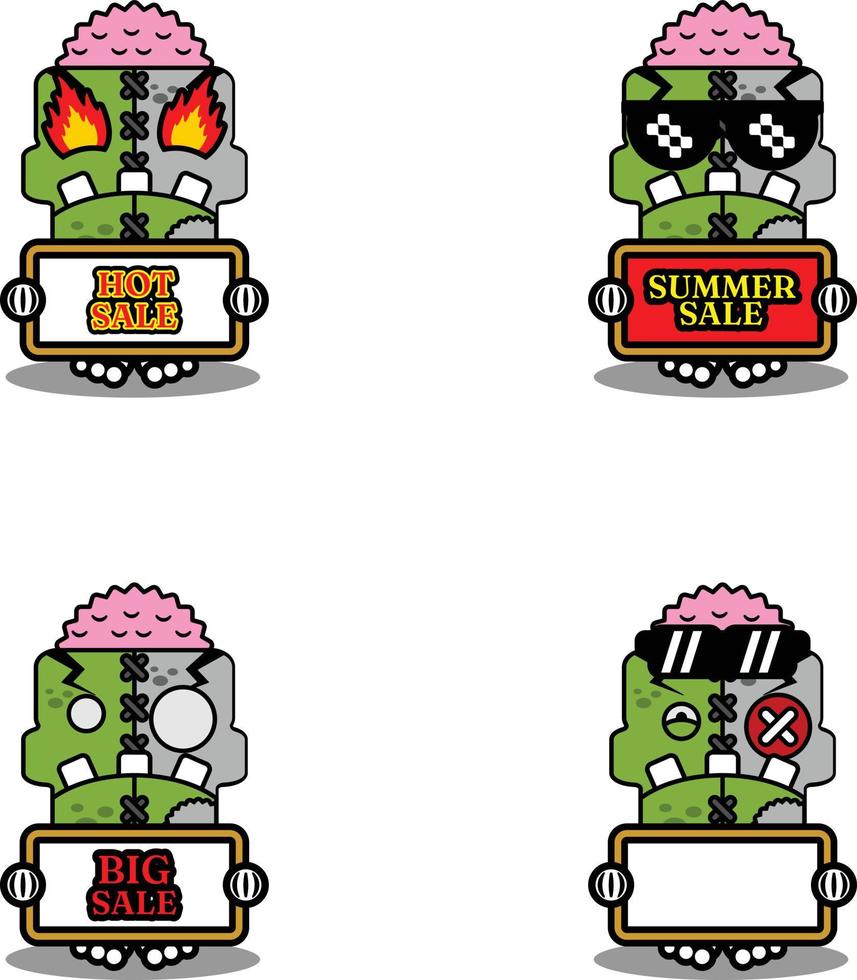 cartoon character costume vector illustration cute zombie doll mascot holding summer sale bundle set board