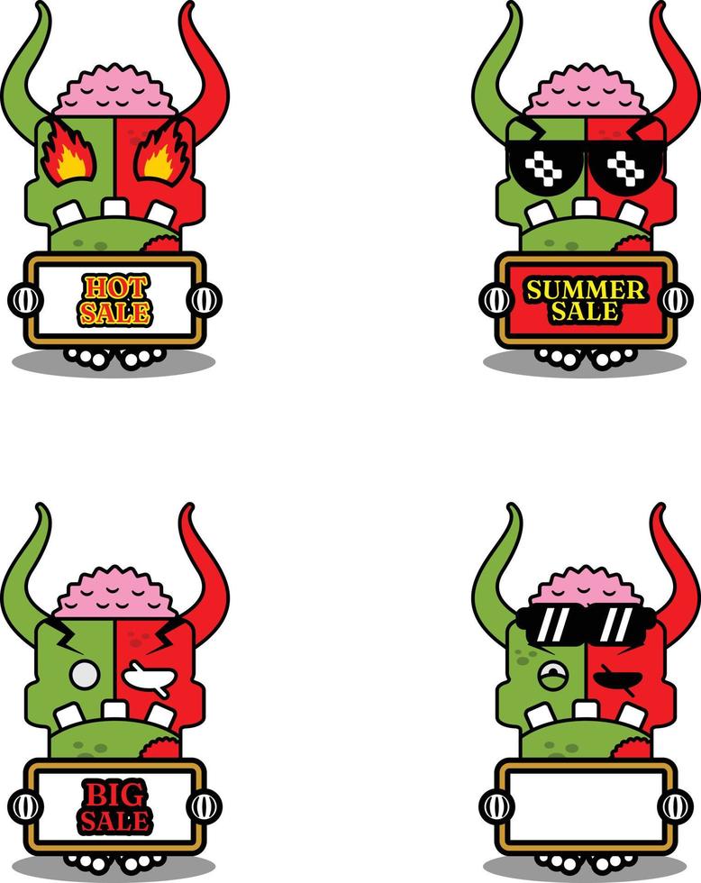 cartoon character costume vector illustration cute zombie demon mascot holding summer sale bundle set board
