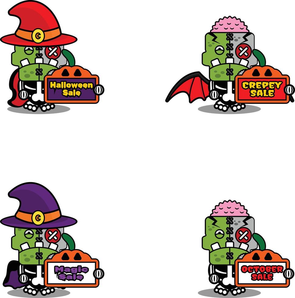 cartoon character costume vector illustration cute zombie doll mascot holding halloween sale bundle set board