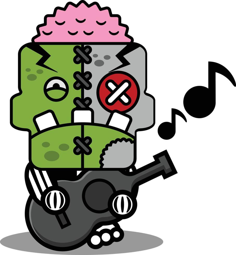 personaje de dibujos animados traje ilustración vectorial lindo zombie muñeca mascota tocando la guitarra vector