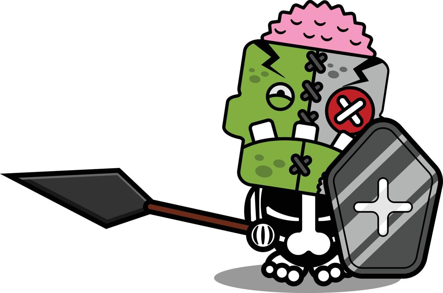 personaje de dibujos animados disfraz vector ilustración linda muñeca zombie mascota sosteniendo lanza y escudo