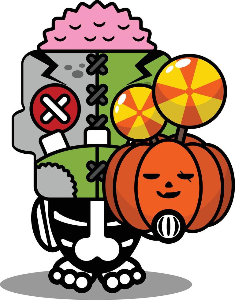 cartoon character costume vector illustration cute zombie doll mascot holding candy and pumpkin