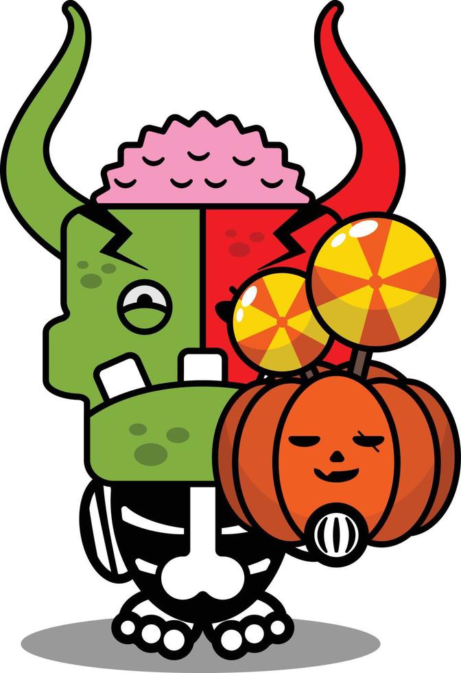 cartoon character costume vector illustration cute zombie demon mascot holding candy and pumpkin