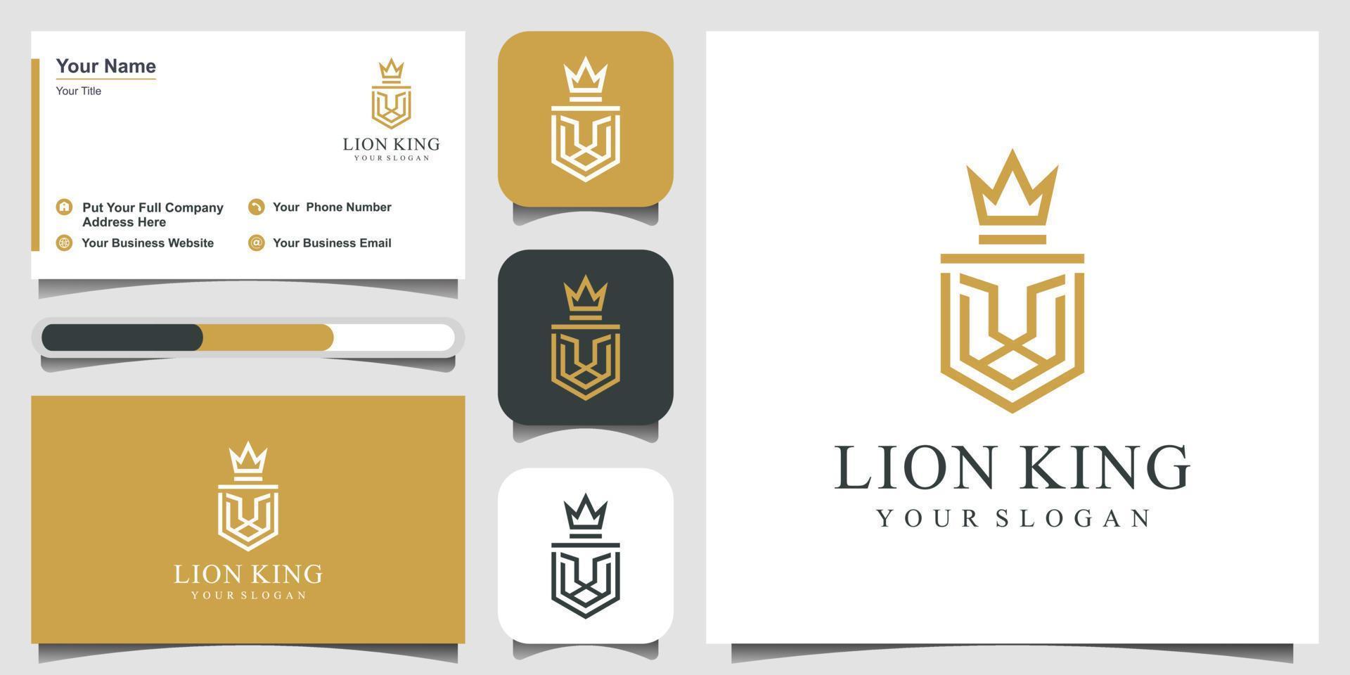 león, escudo, corona, diseño de logotipo con estilo de arte lineal. diseño de logotipo y tarjeta de visita vector